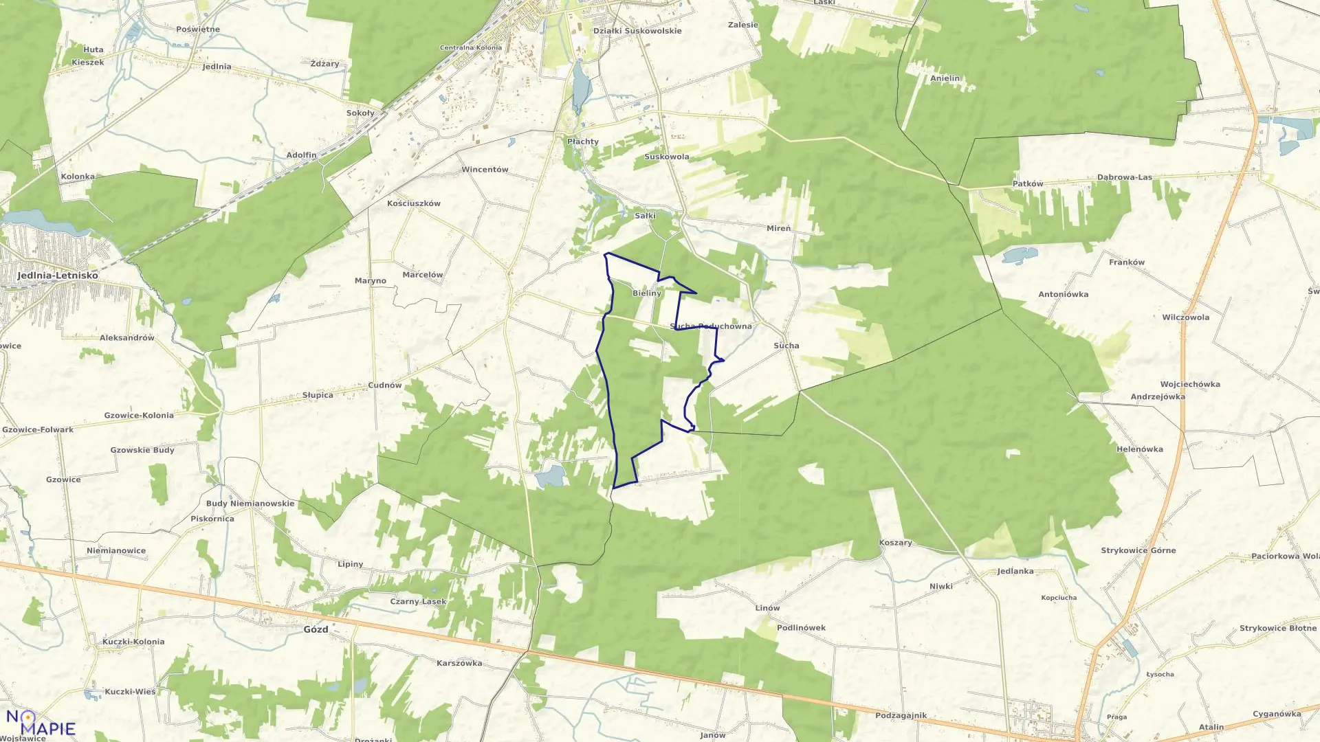 Mapa obrębu BIELINY w gminie Pionki